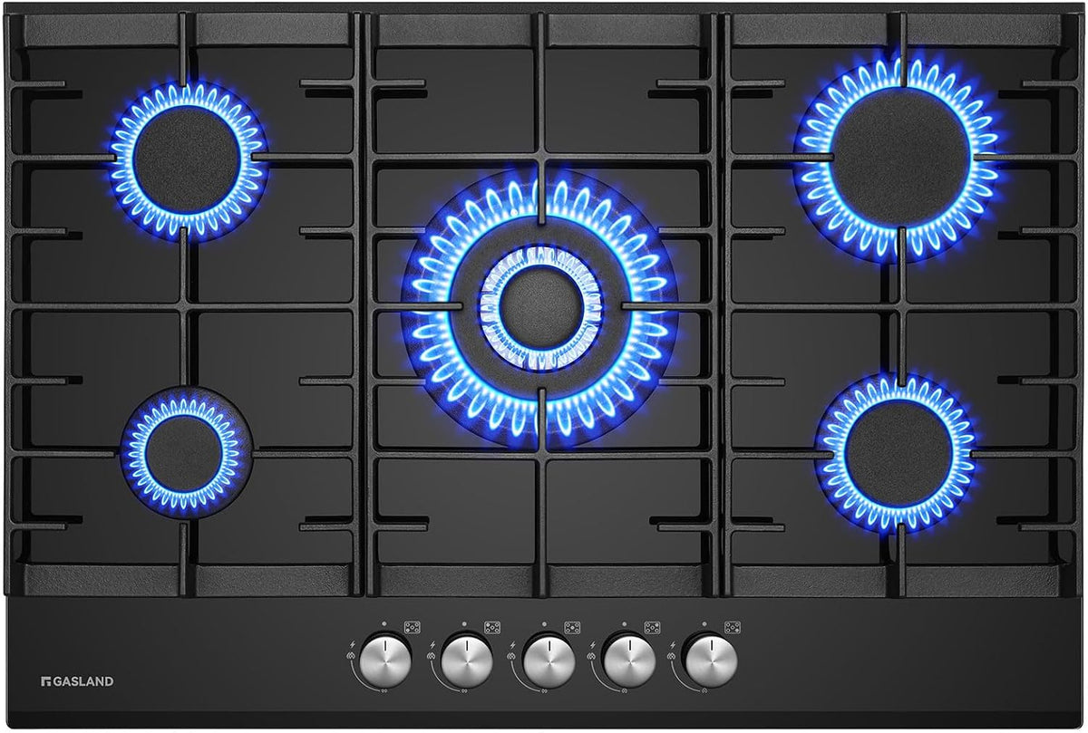 GASLAND Kochfeld, 76 cm, Schwarz, GH2805BG1FC Glas Gas 5-flammig, Einbau mit Wok-Brenner, Einbau Gas, für Butan