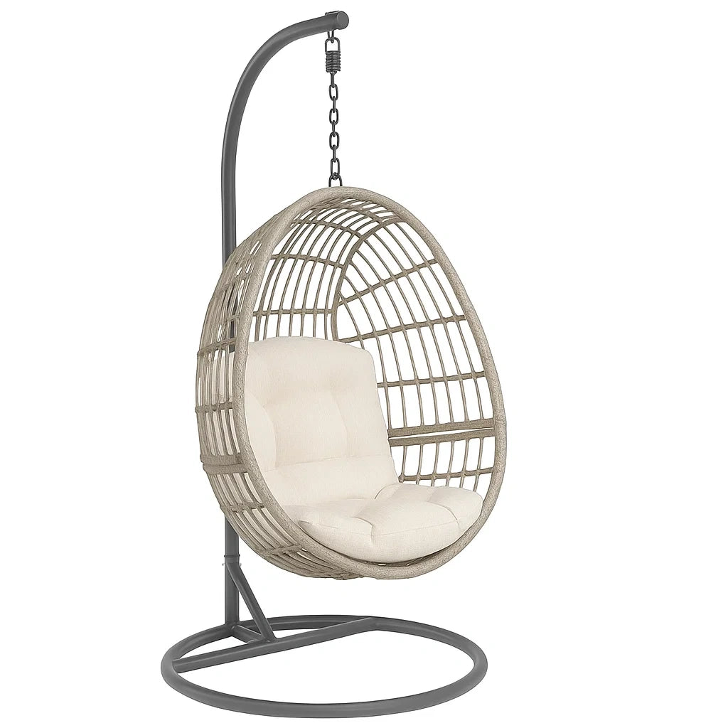 Hängesessel aus Polyrattan mit Polyesterkissen und Stahlgestell Beige Grau