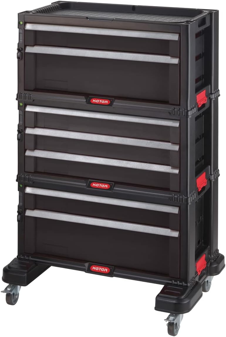 Keter Werkzeugschränke, 60 x 37,8 x 83,2 cm, Schwarz, Trolley Modul mit 7 Schubladen, Werkstattwagen für kleine und große Werkzeuge