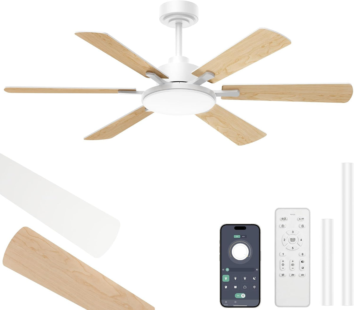 ROTTOGOON Deckenventilator, 132 cm, Schwarz, mit Beleuchtung, Doppelseitige Flügeln, Weiß