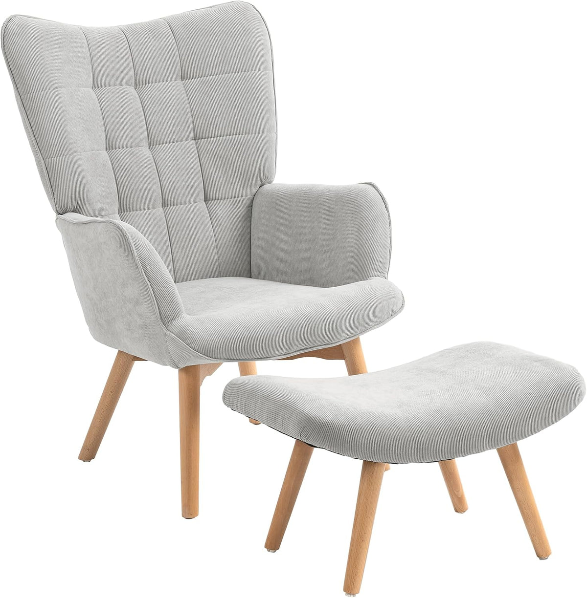 HOMCOM Relaxsessel, Grau, Ohrensessel mit Hocker Sessel mit Cordoptik für Wohnzimmer