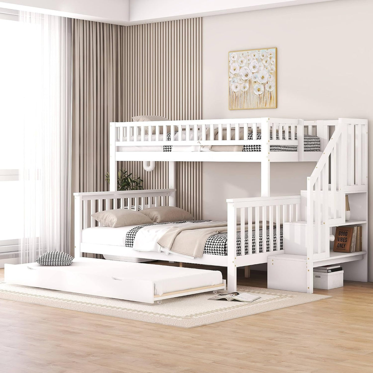 Zenespaoox Bett, 140x200 cm, Weiß, Etagen 90x200 und mit Auszieh und Rausfallschutz, Kinder Stock mit Stauraum und Treppe