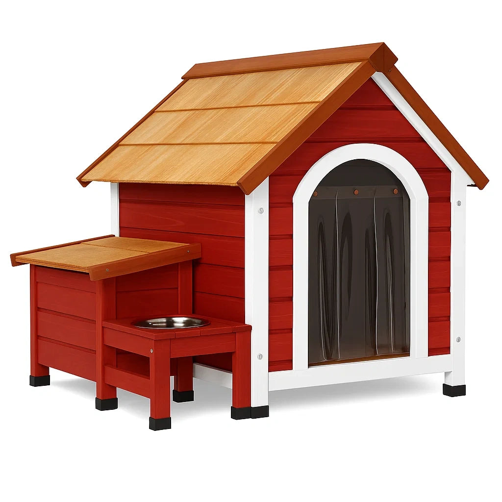 Hundehütte aus Massivholz mit Futterstation Rot