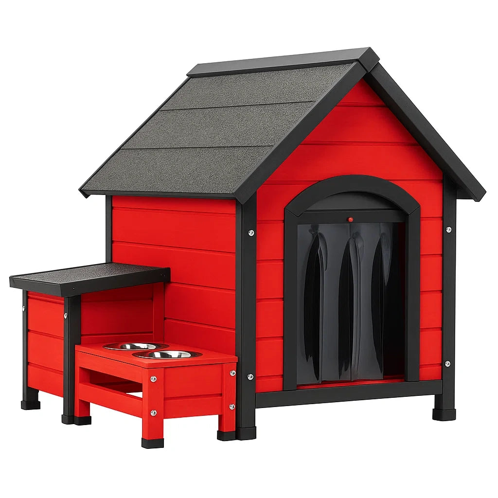 Holz-Kunststoff-Hundehaus mit Futterstation Rot Schwarz 90x90x90cm