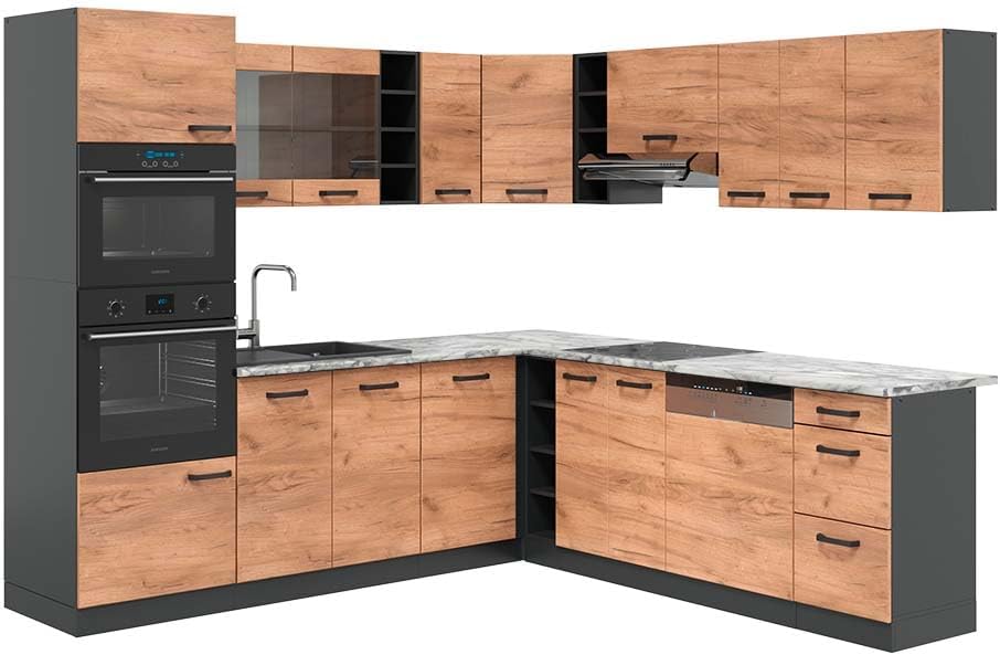 Vicco Küchenzeile, 247 x 60 cm, Anthrazit, Eckküche R-Line, /Goldkraft Eiche, AP Marmor, für Variable Küchenplanung und modulare Erweiterung