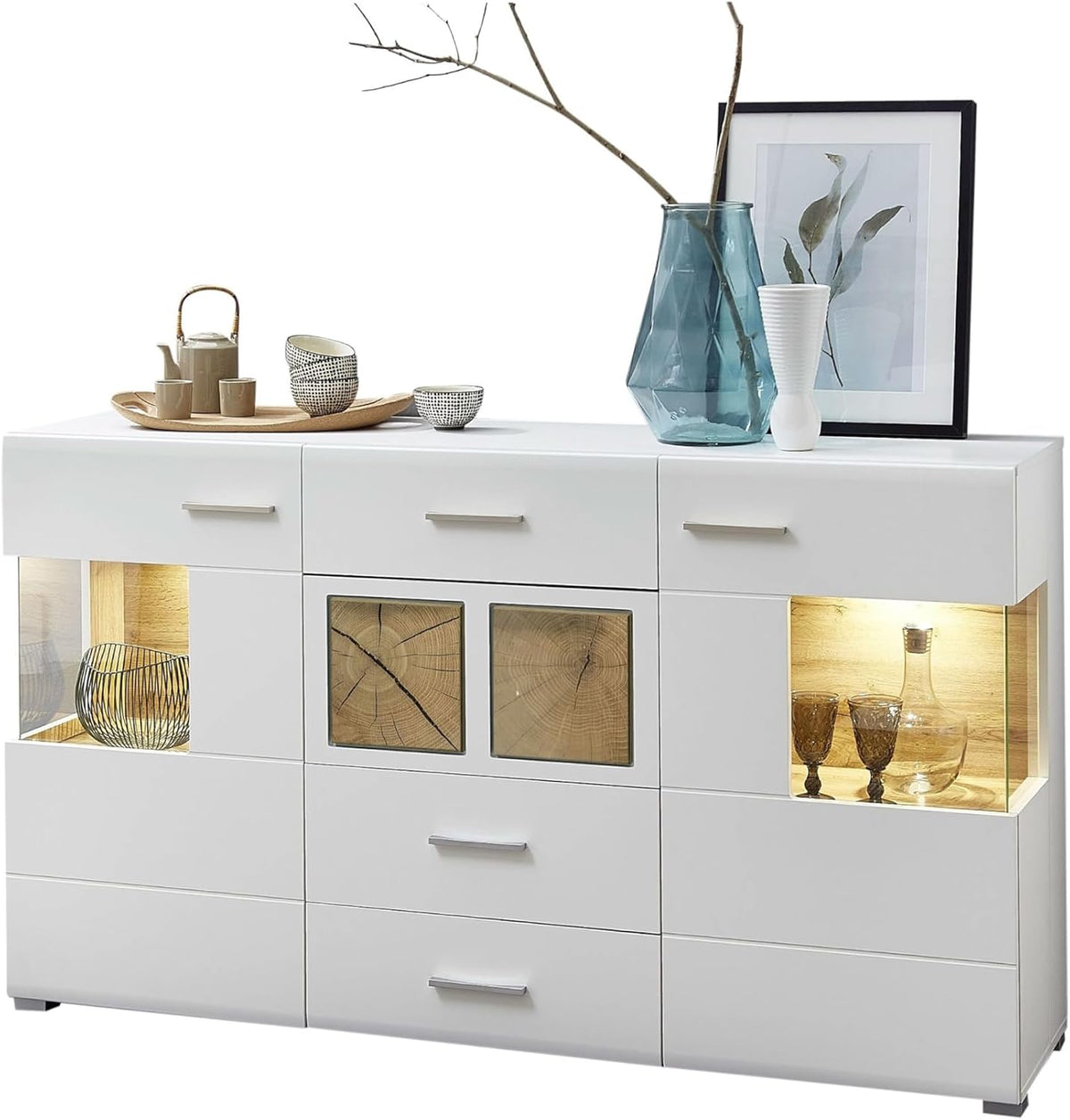 Stella Trading Sideboard, 170 x 94 x 42 cm, Weiß, Fun Plus weiss mit schönen Hirnholz-Applikationen - Moderne