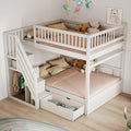 FQMOZY Bett, Weiß, Kinder Etagen 140x200, Hoch für 4 Kinder, Stock mit Treppe&Aufbewahrungsschrank&Schublade, Kiefernholz