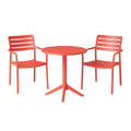 Gartenmöbel-Set aus Kunststoff in Rot mit rundem Tisch und zwei Stühlen