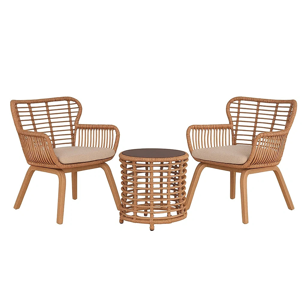 Rattan-Gartenmöbelset mit 2 Stühlen und rundem Tisch, Braun