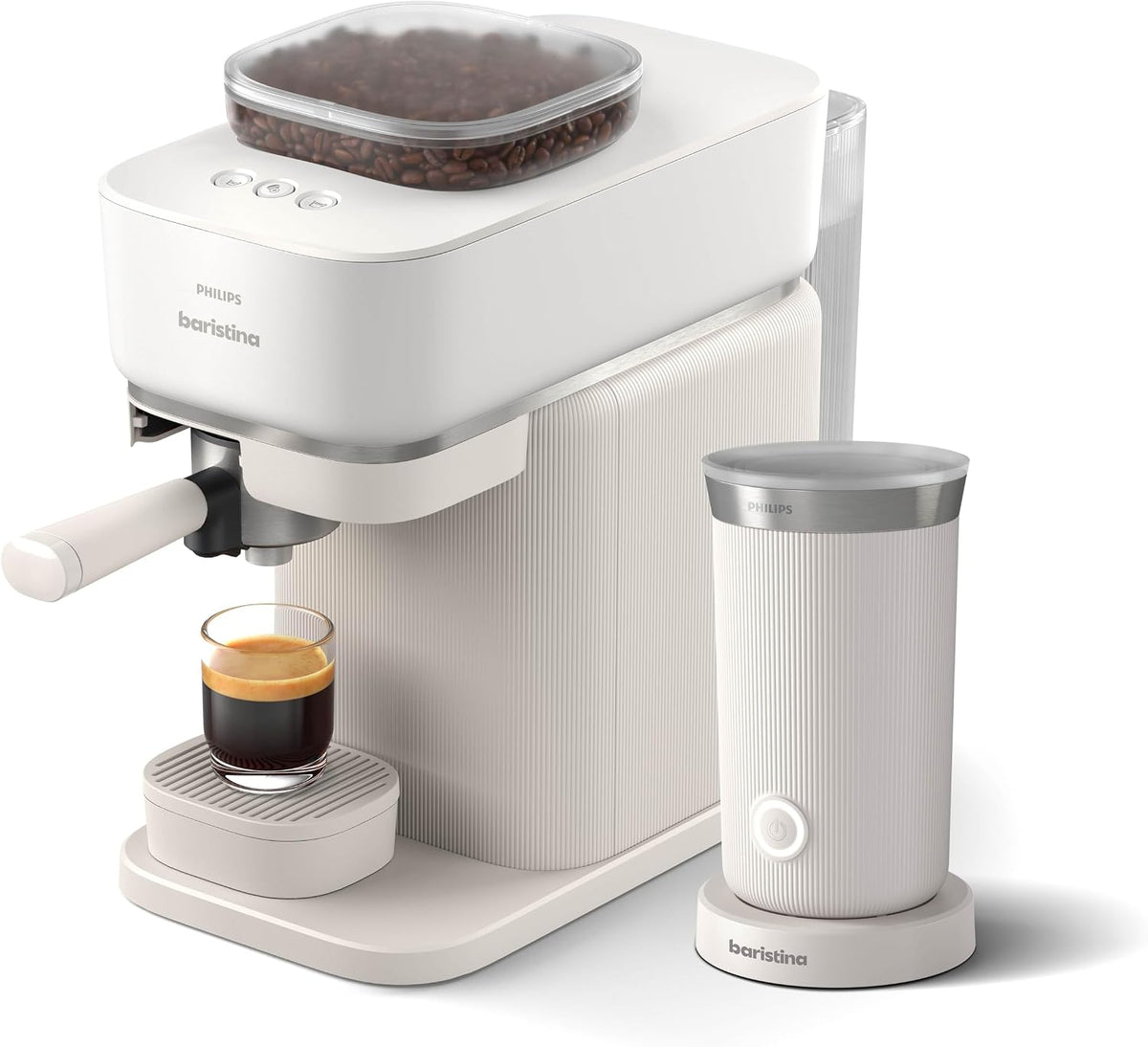 Philips Milchaufschäumer, 16 Bar, Naturweiß, Baristina Espressomaschine und Paket, Automatisches Mahlen, Tampen & Brühen