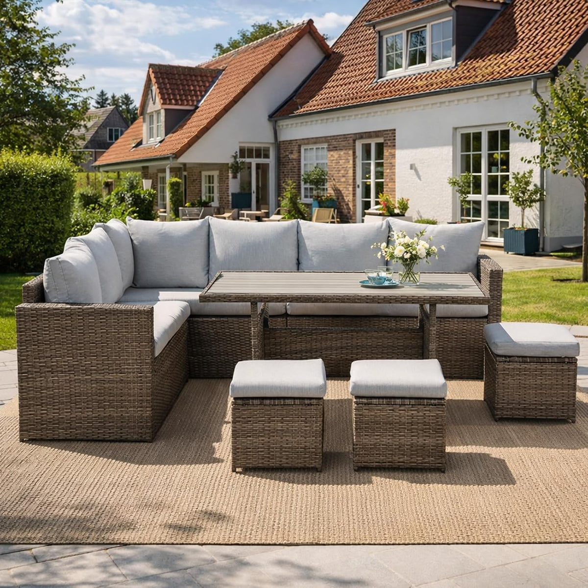 Sofa LANOX, Grau, Polyrattan Gartenlounge Set 7-teilig für 8-10 Personen