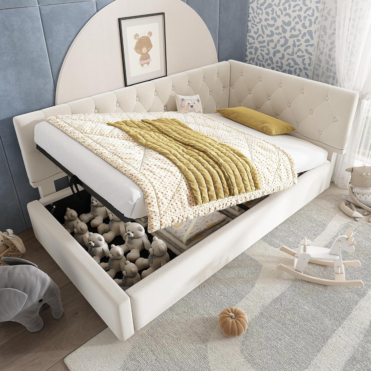 Dolamaní Boxspringbett, 90x200 cm, Beige, Eckbett, Polsterbett Bett mit hydraulischem Stauraum, Bettgestell mit Lattenrost aus Holz