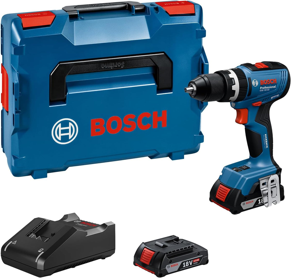 Bosch Professional Akkuschrauber, 2.0 Ah, 18 V, Schwarz, System Akku-Bohrschrauber GSB -65 (bürstenloser Motor, inkl 2x Akku GBA