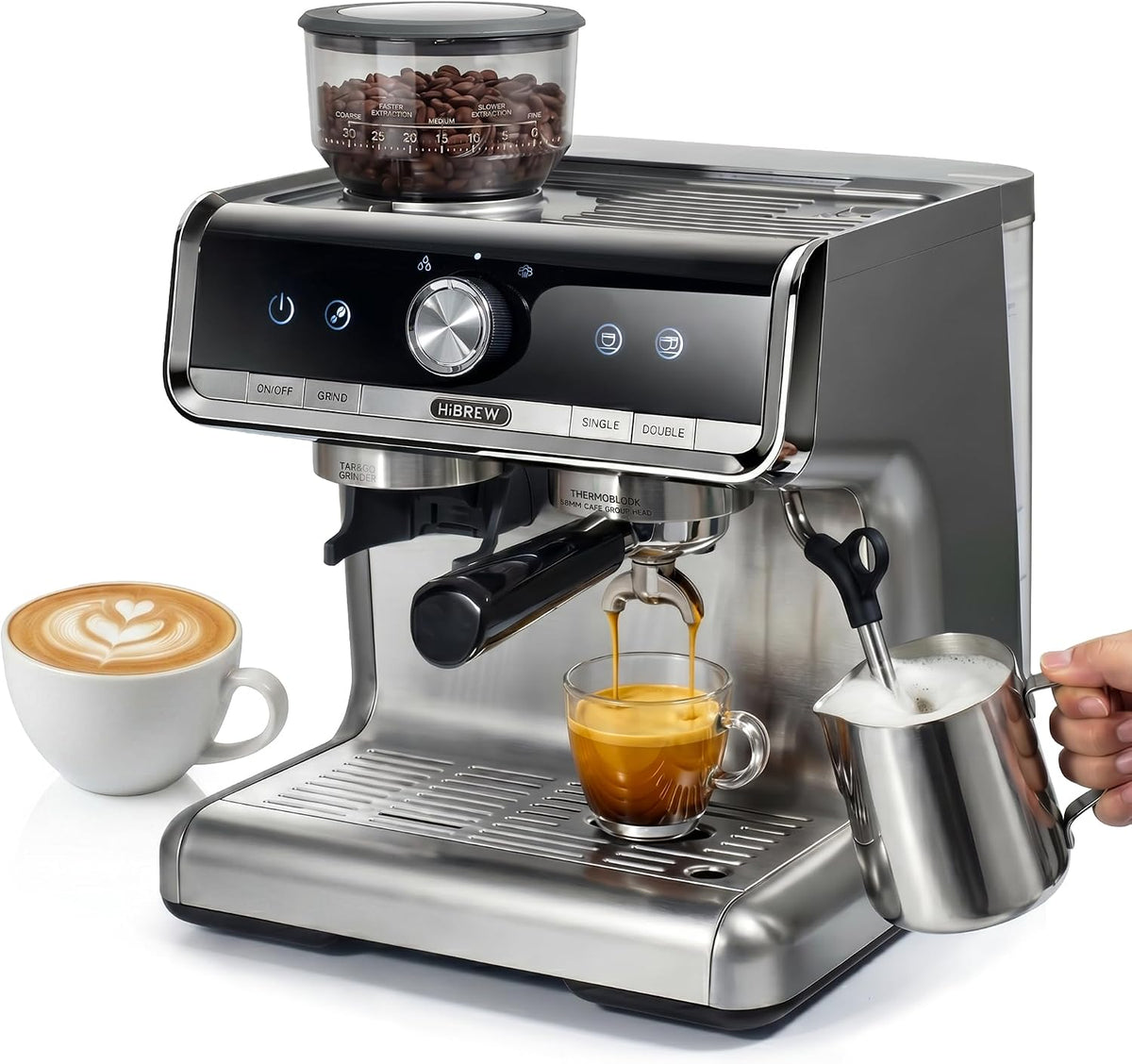 HIBREW Kaffeemaschine, 20 bar, 1380 W, Schwarz/Silber, H7 Espressomaschine mit Mühle Dampfstab