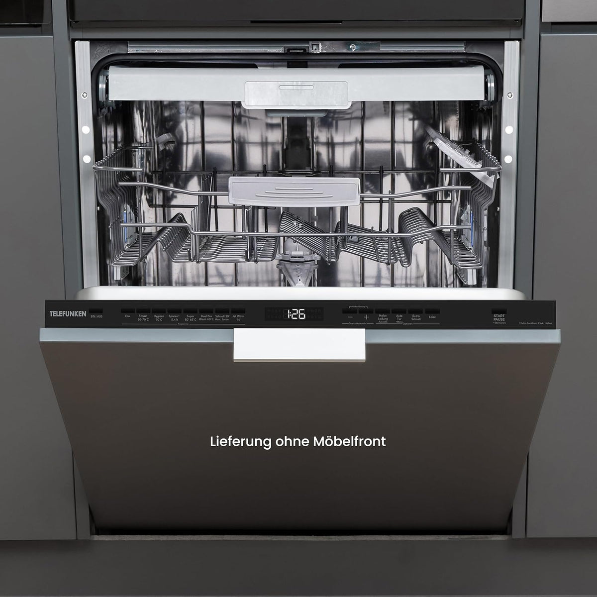 TELEFUNKEN Geschirrspüler, 60 cm, 44 dB, Silber/Schwarz, vollintegrierbar, Einbau Spülmaschine, 14 Maßgedecke, 9 Programme