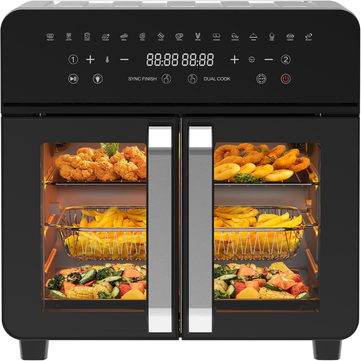 iceagle Heissluftfritteuse, 2200 W, 23 L, Schwarz/Silber, Heißluftfritteuse Dual Zone - XXL Airfryer mit French Door