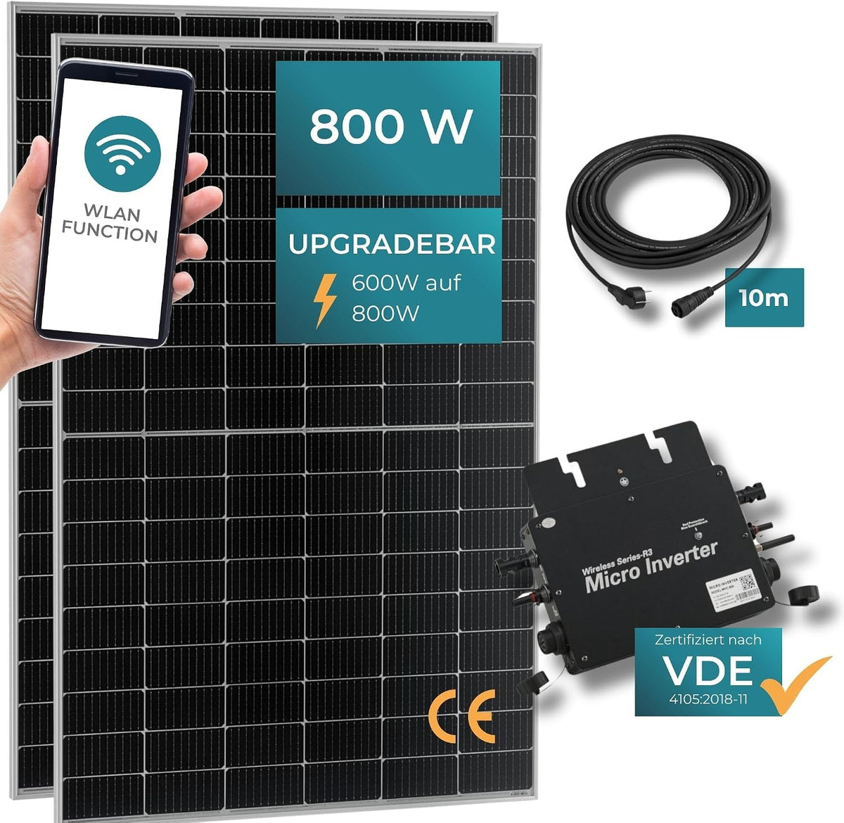 pro.tec Netzgebundene Systeme, 800 W, 10m, Schwarz/Silber, Balkonkraftwerk Brusson Solaranlage mit Wechselrichter