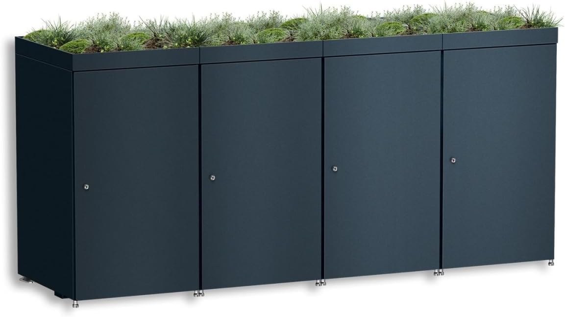 Metzler Mülltonnenbox, 240 L, Anthrazit, 4er in mit Pflanzdach, Für 4 Tonnen aus Aluminium rostfrei & abschließbar