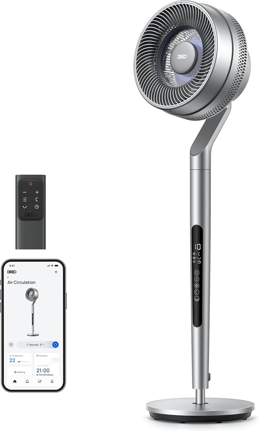 DREO Ventilator, 111,8 cm, 30,5 m, Silber, Stand mit intelligenter Steuerung, höhenverstellbar, DC leiser für Schlafzimmer