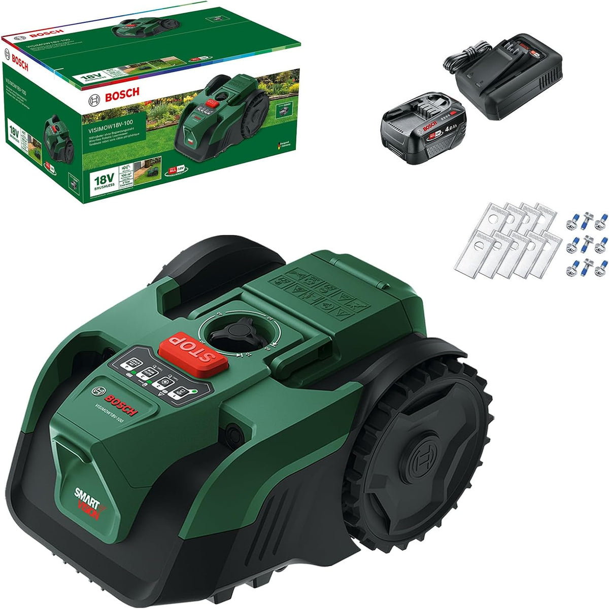 Bosch Mähroboter, 100 m, 16 cm, 60 mm, Grün/Schwarz, Akku- VISIMOW18 V-100 (für Rasenflächen bis ², Schnittbreite
