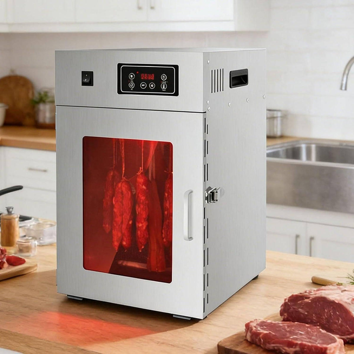 HEIHEIZI Dörrautomaten, Silber, Elektrischer Dörrautomat, Beef-Jerky-Hersteller, Gewerblicher Fleischdörrer, 360° rotierender Edelstahl-Wurstdörrer