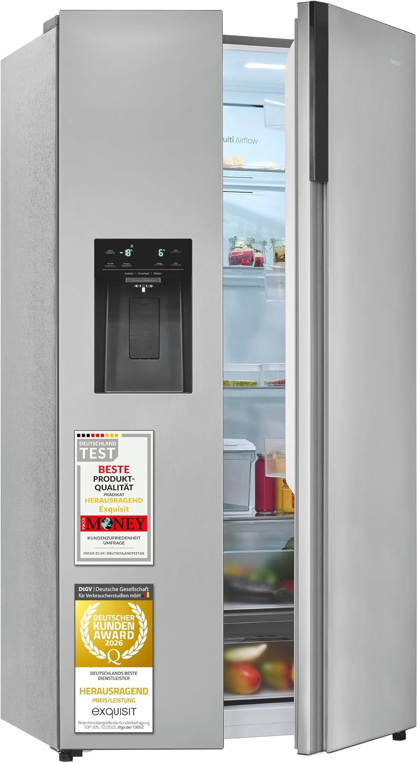Exquisit Side-by-Side-Kühlschrank, 528 l, Silber, Side-by-Side Kühlschrank - No Frost & Eiswürfelbereiter