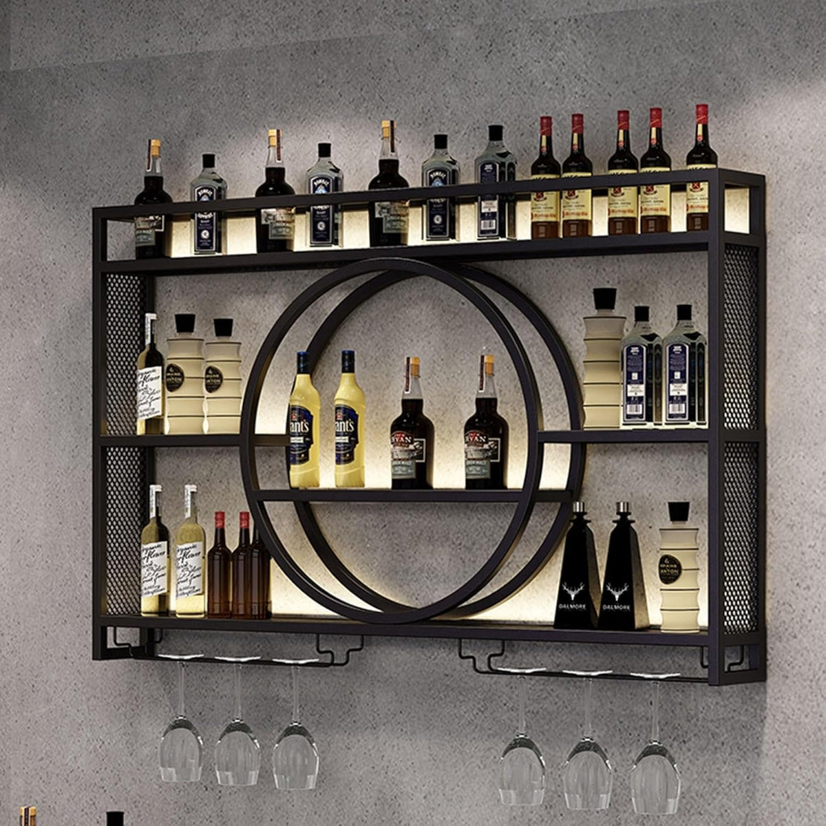 Weinregale, 140x80x15 cm, Schwarz, Generisch Wandmontierte, Weinregal Wand Metall, Bar Regal mit Weingläserhalter - Modernes Weinflaschenregal