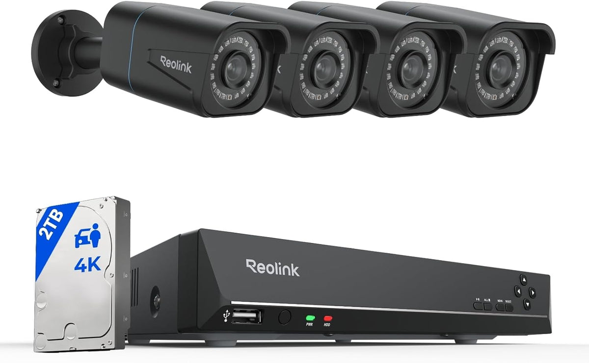 Reolink Überwachungskamera, Schwarz, 4K Aussen Set, 8CH Videoüberwachung mit 4X 8MP PoE IP Kamera und 2TB HDD, Personenerkennung und Fahrzeugerkennung