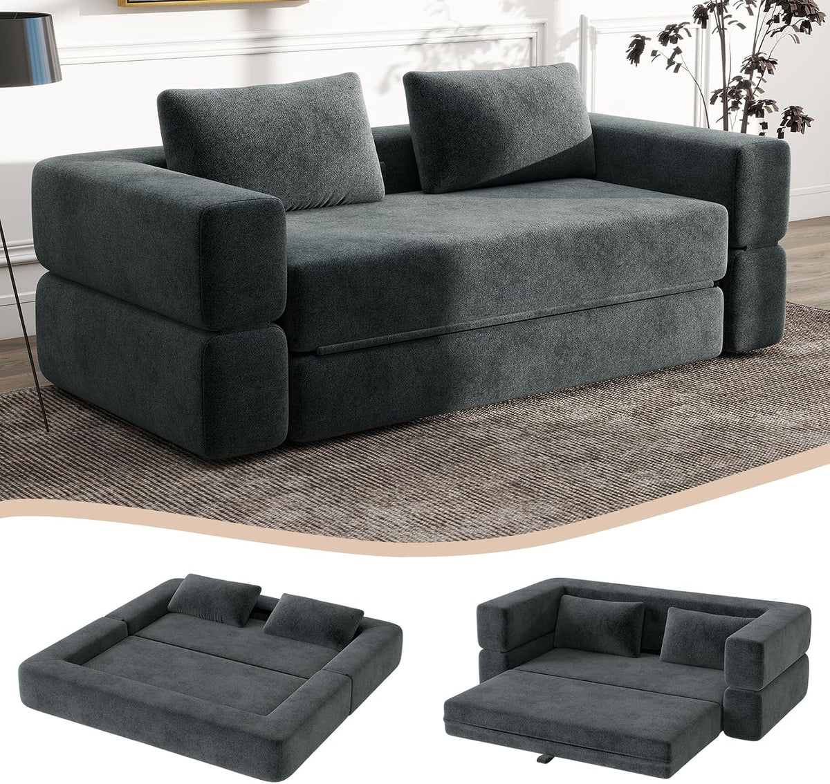 Sofa HAUSPROFI, Dunkelgrau, 3 in 1 Boneless Couch, Boden Bed, Klappbares mit Schlaffunktion 2 Sitzer Chenille Schlafsesse