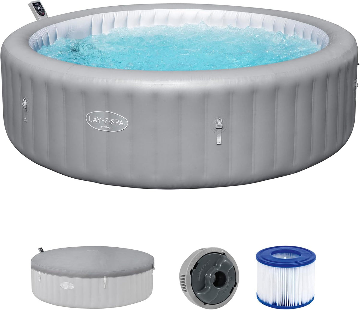 Bestway Badewannen mit Sprudelfunktion, 236 x 71 cm, Grau/Weiß, Lay-Z-Spa Hawaii AirJet Whirlpool Ø, Aufblasbarer Outdoor Jacuzzi für 8 Personen