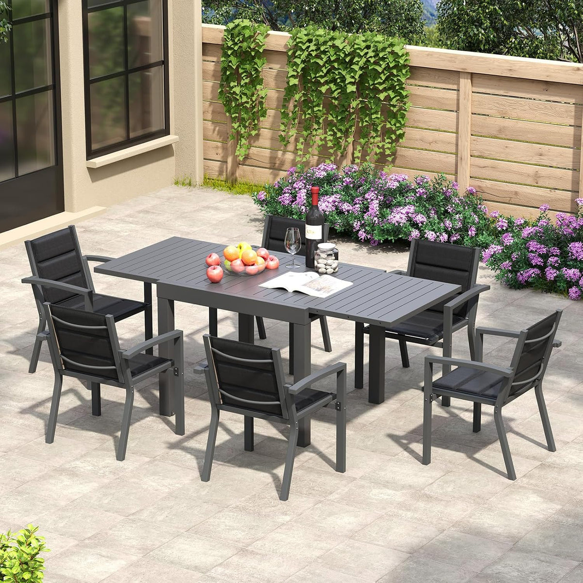 Gartenmöbel-Set TRIUMPHKEY, 160 cm, Dunkelgrau, Gartenmöbel Set 6 Personen, Balkonmöbel mit Aluminium, 6 Stapelstühle und 1 80/ Gartentisch Ausziehbar