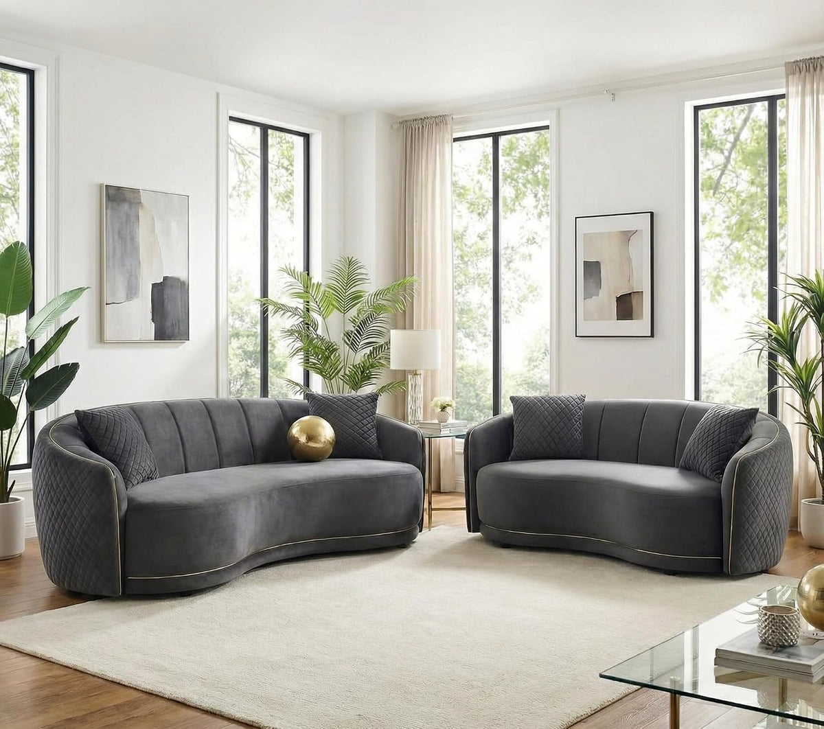 Sofa Generico, Dunkelgrau, Set für 3 + 2-Sitzer aus em Samt, geschwungenes Design gesteppt mit goldfarbenen Details