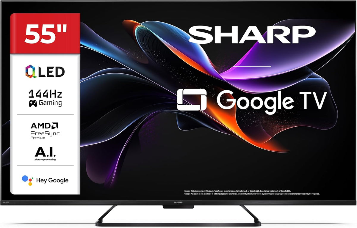 SHARP Fernseher, Schwarz, 55HR7365E, Google TV, 55' UHD, Rahmenlos, 144 Hz, QLED, HDR10, Dolby Vision HDR, Google Assistant mit Mikrofon