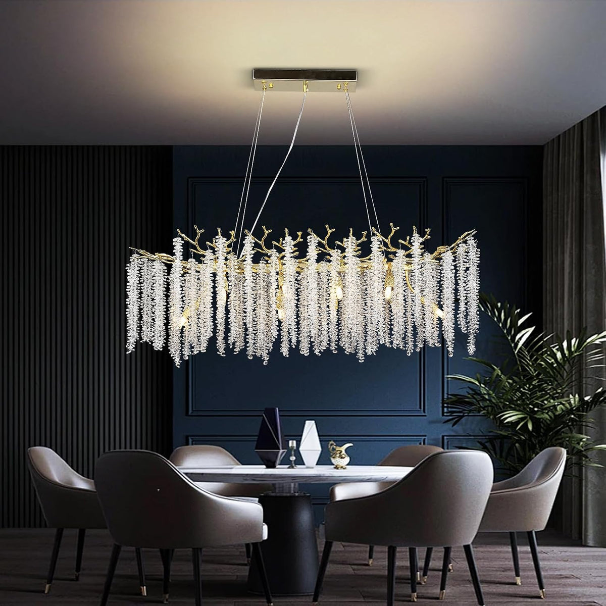 AHXIAOZN Kronleuchter, 120 cm, Gold, Luxury Tree Branch, Modern Kristall Leuchte, Große Rund Luxus Kristall Pendelleuchte