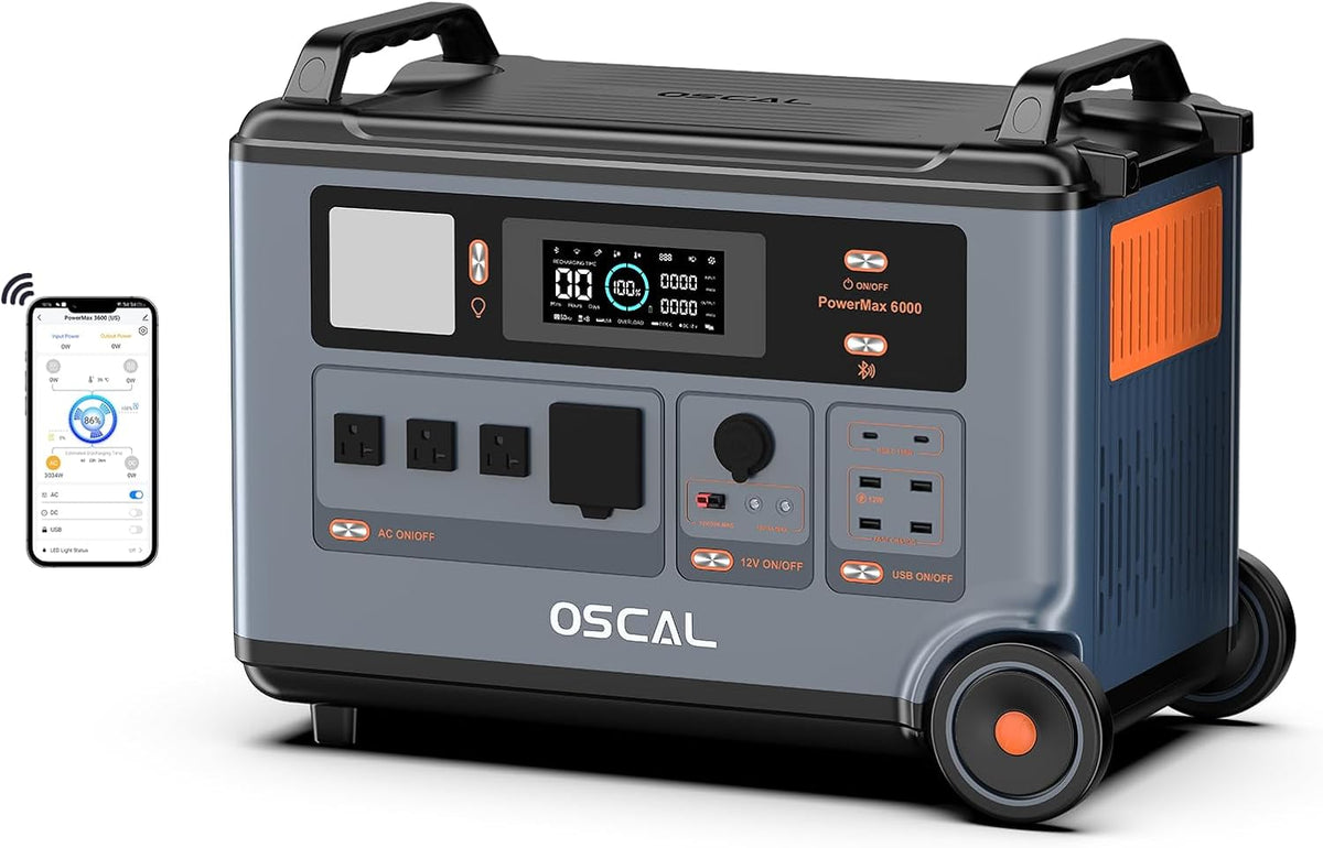 TerraVolt Powerstation, 3600 Wh, 6000 W, 9000 W, 2400 W, Grau/Schwarz/Orange, OSCAL PowerMax 6000 Solar-Generator, AC-Steckdosen ( Spitze)