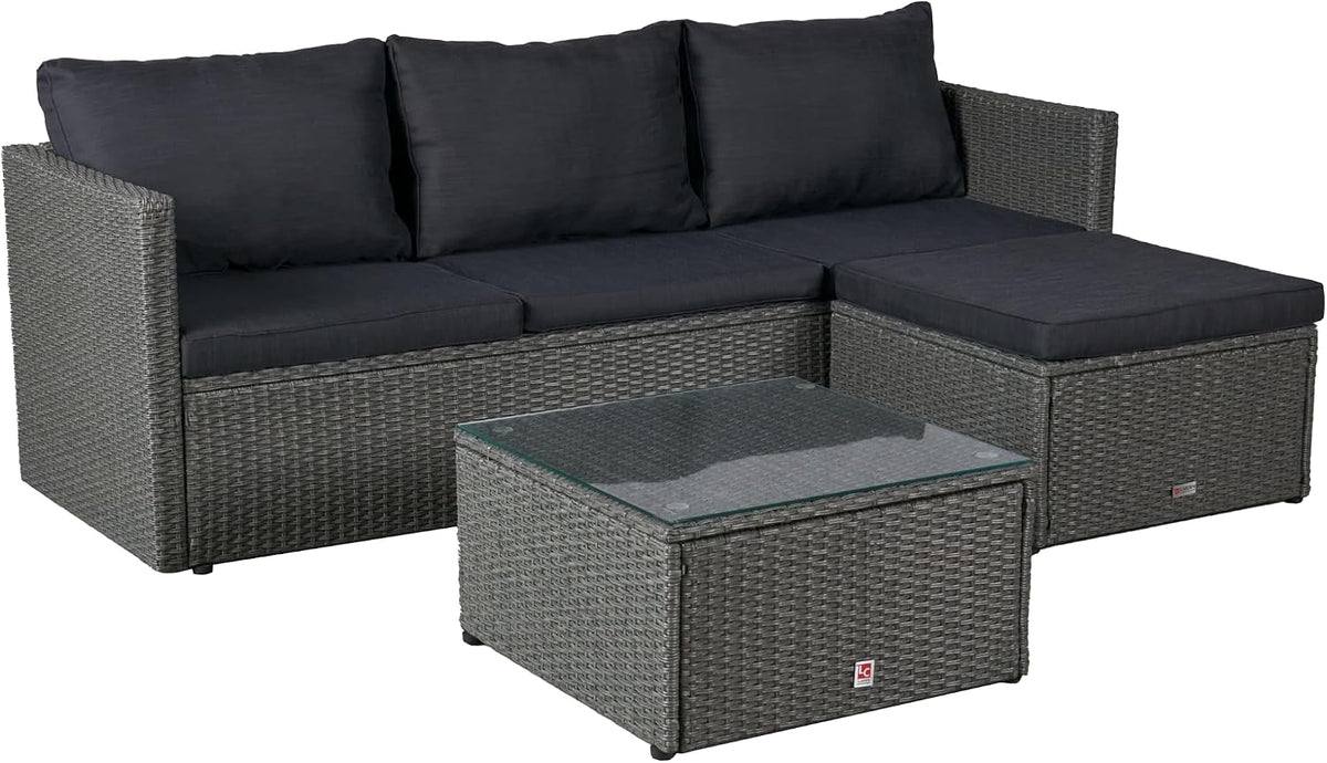 LC Garden Sofa, Aluminium, Polyrattan, grau, Loungino Polyrattan Lounge -Mix für 3-4 Personen, Balkonmöbel Sitzgruppe mit Tisch + Hocker