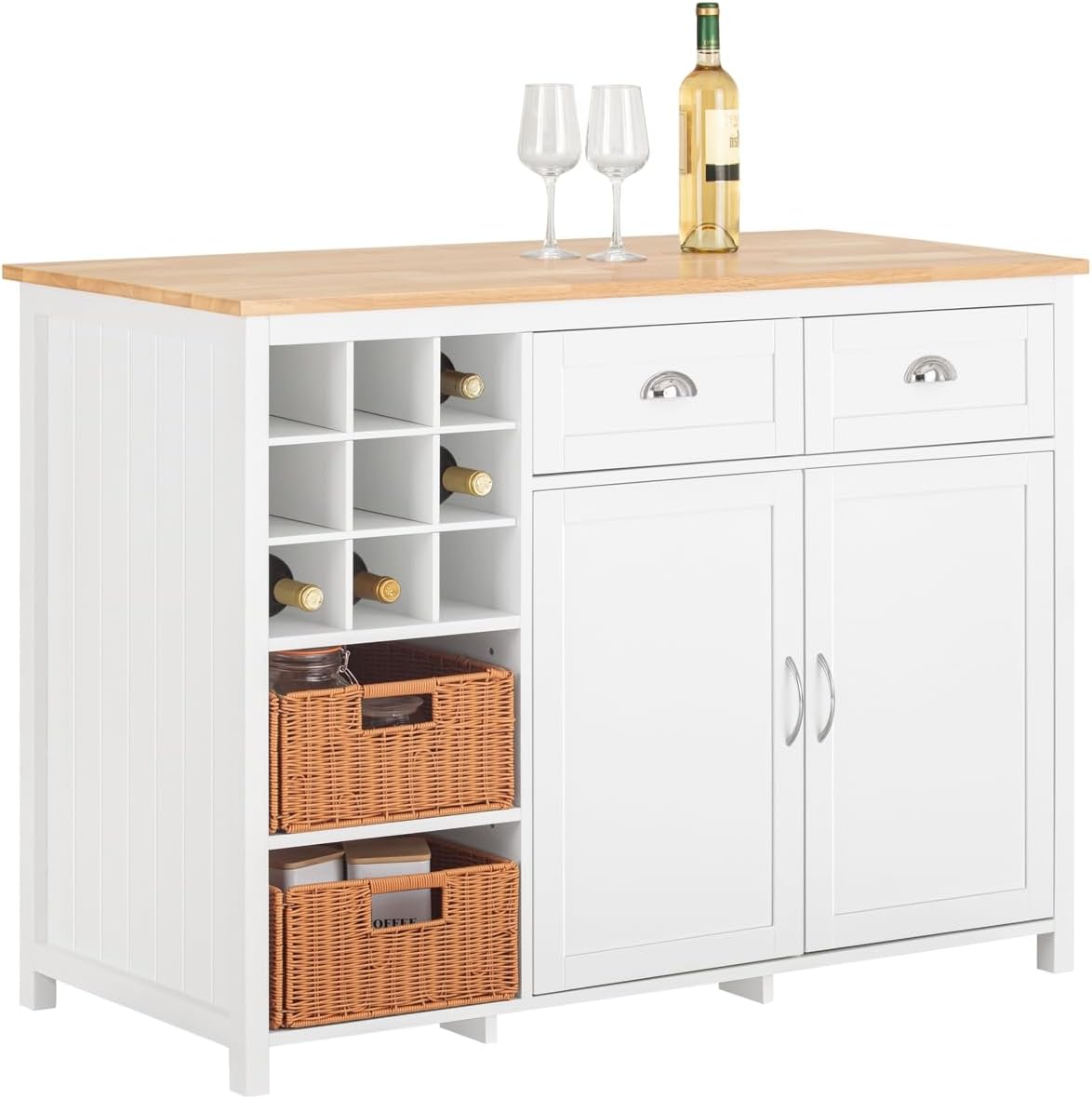 SoBuy Sideboard, 120x90x56 cm, Weiß/Hellbraun, KNL05-W Kücheninsel mit 2 Rattankörben freistehend