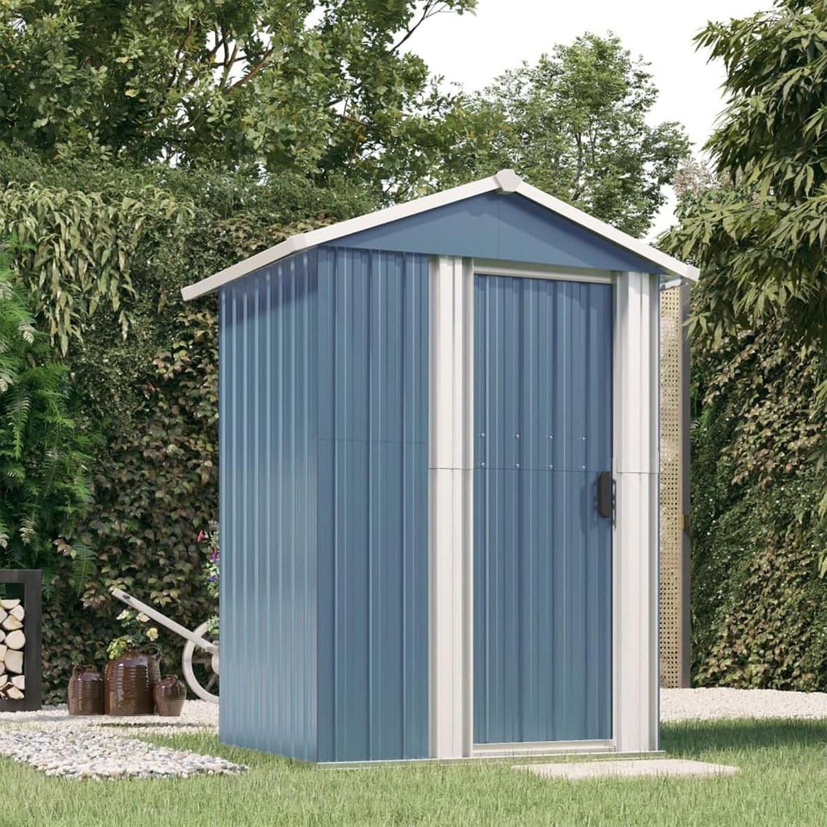 LAPOOH Gerätehaus, 126x97,5x177 cm, Verzinkter Stahl, Grau, Geräteschuppen, Gartenhaus, Fahrradunterstand, Gartenhütte