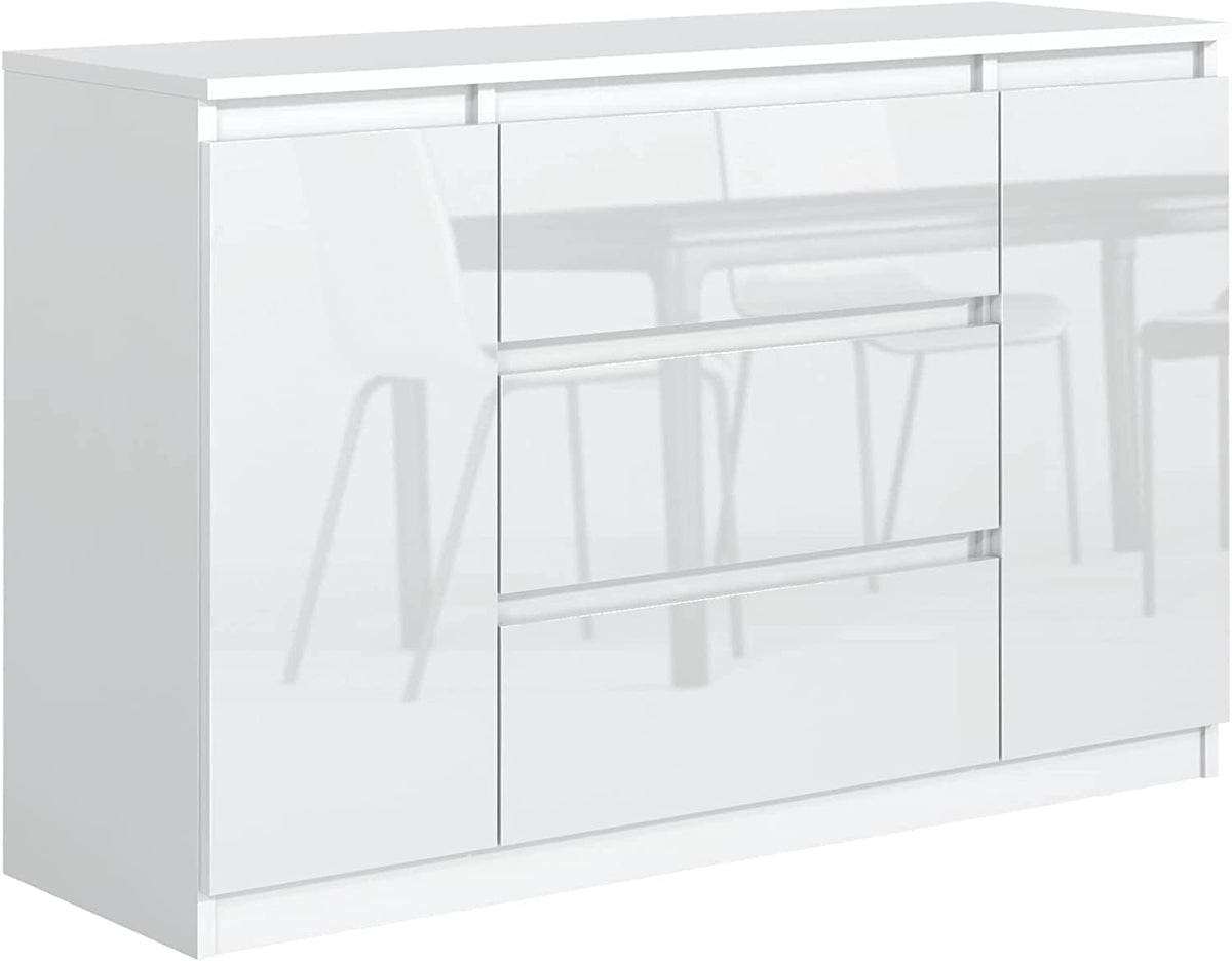 meble masztalerz Sideboard, Grau, Kommode 120, 3 Schublade, 2 Türen, Weiß Hochglanz Fronten