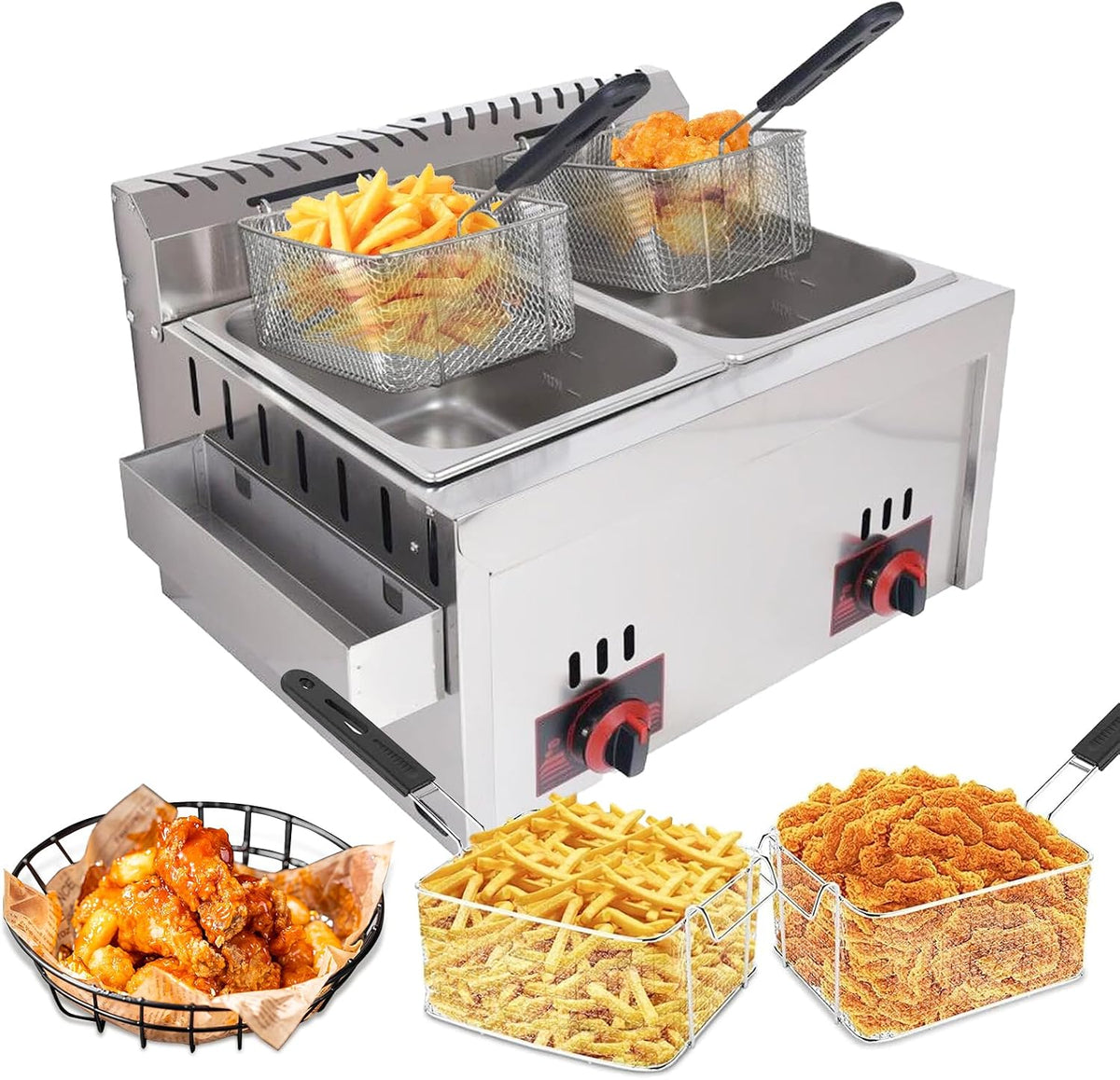 rzoizwko Heißluftfritteuse, 20 L, Verdickter Edelstahl, Silber, Gas Fritteuse Gas-Fritteuse Edelstahl Fritteuse mit 2