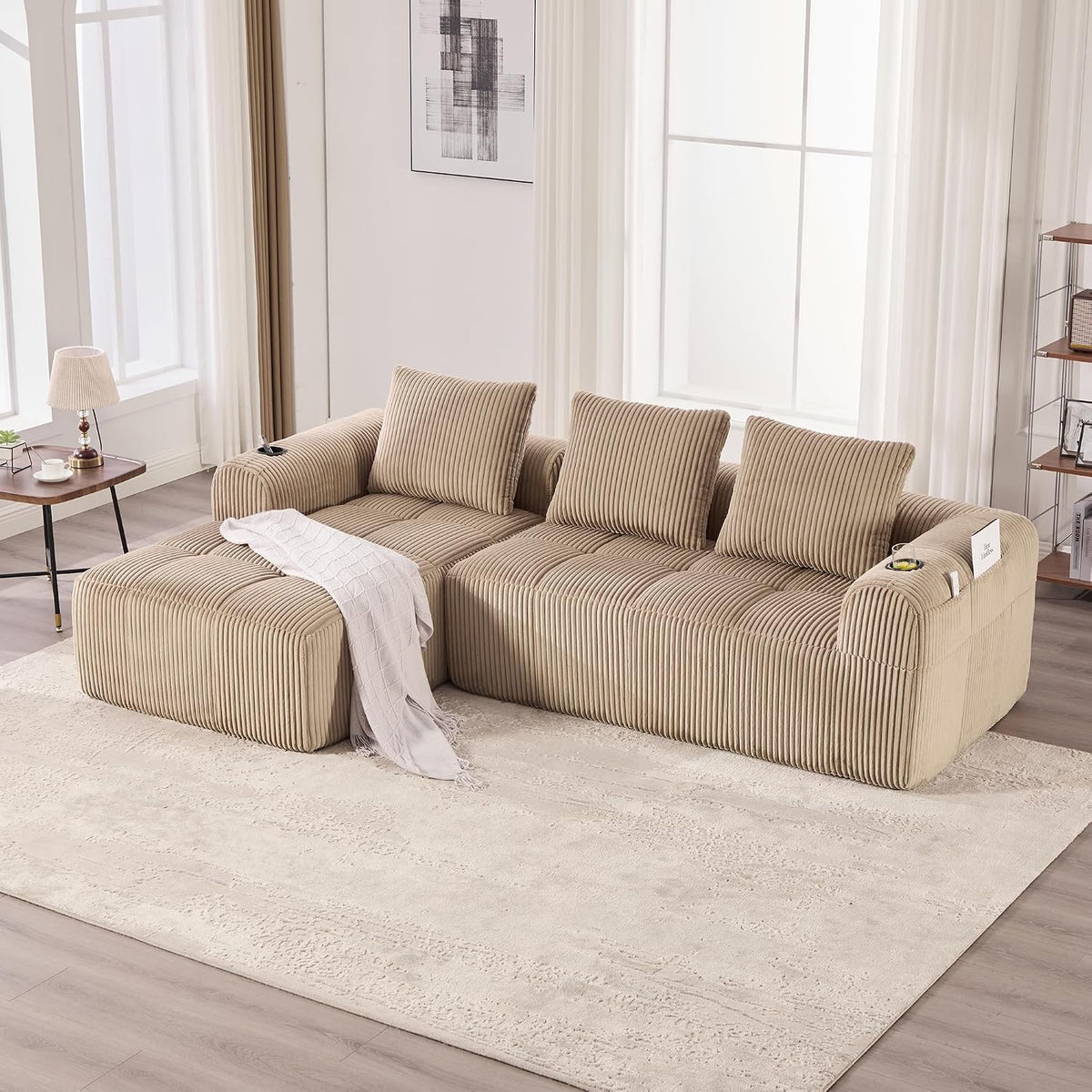 Sofa Villeston, Khaki, Couch mit Schlaffunktion, Modulares L- aus Cord, Memory-Schaum, Tiefe Sitzfläche, 3 Kissen