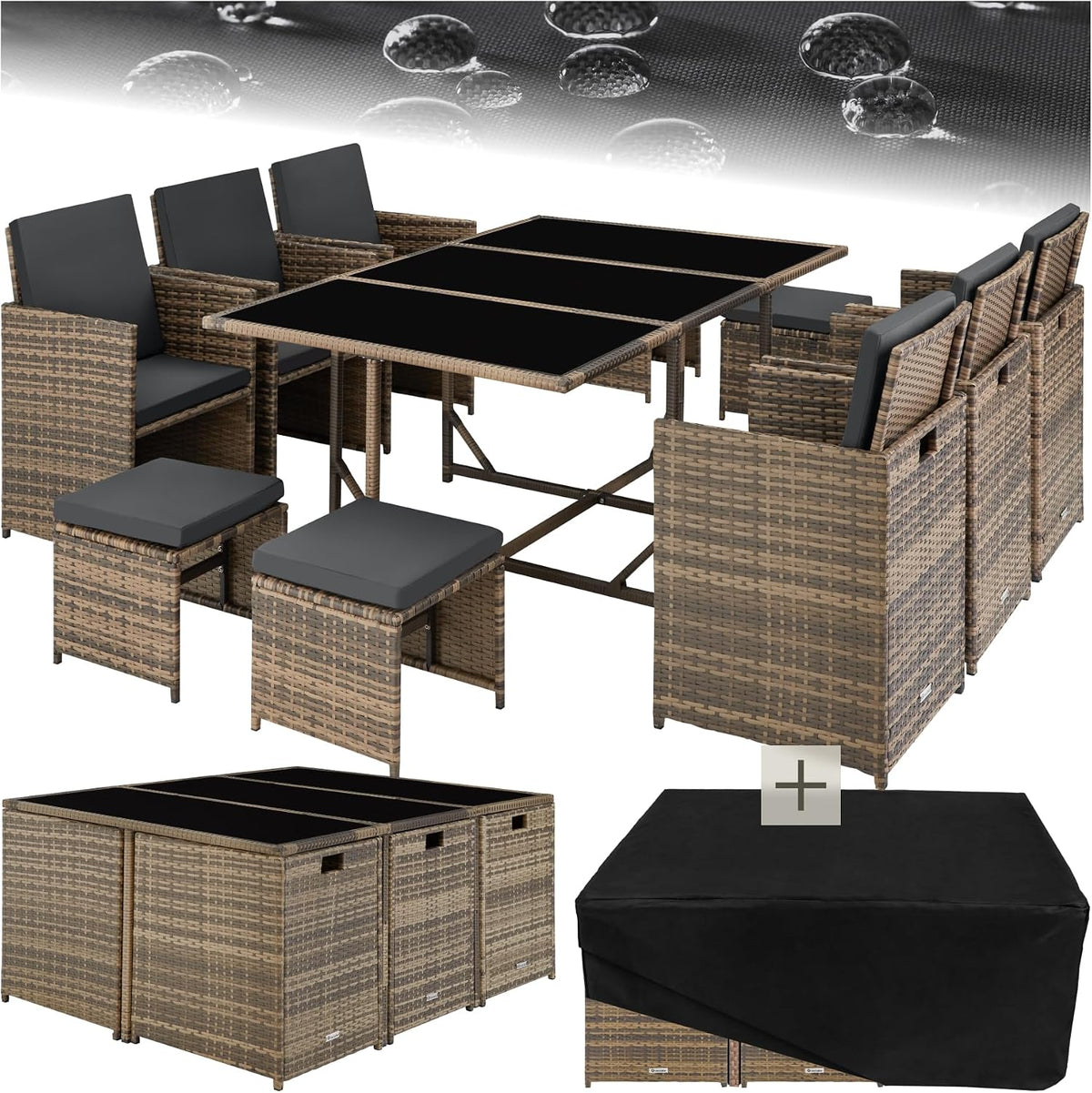 tectake Gartenmöbel-Set, Pulverbeschichteter Stahl, Polyethylen, Polyester, Glas, Natur