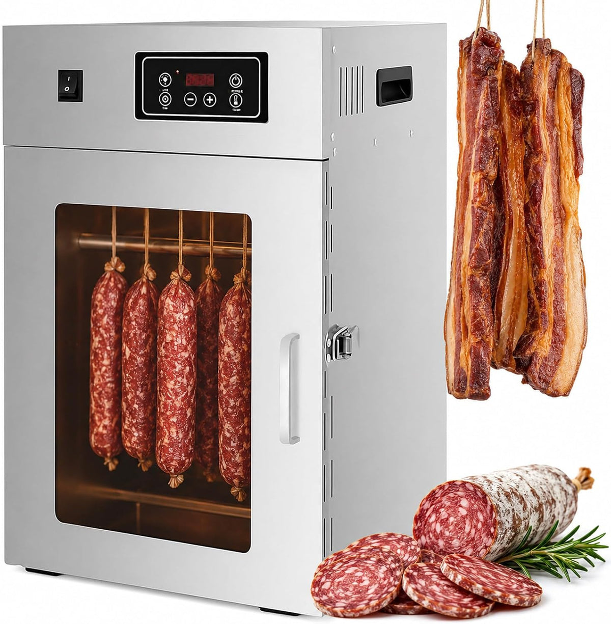 moupeaktain Reifeschrank, Silber, Dörrautomat für Fleisch, aus Edelstahl mit 14 Haken, 30-90℃ Temperaturregelung