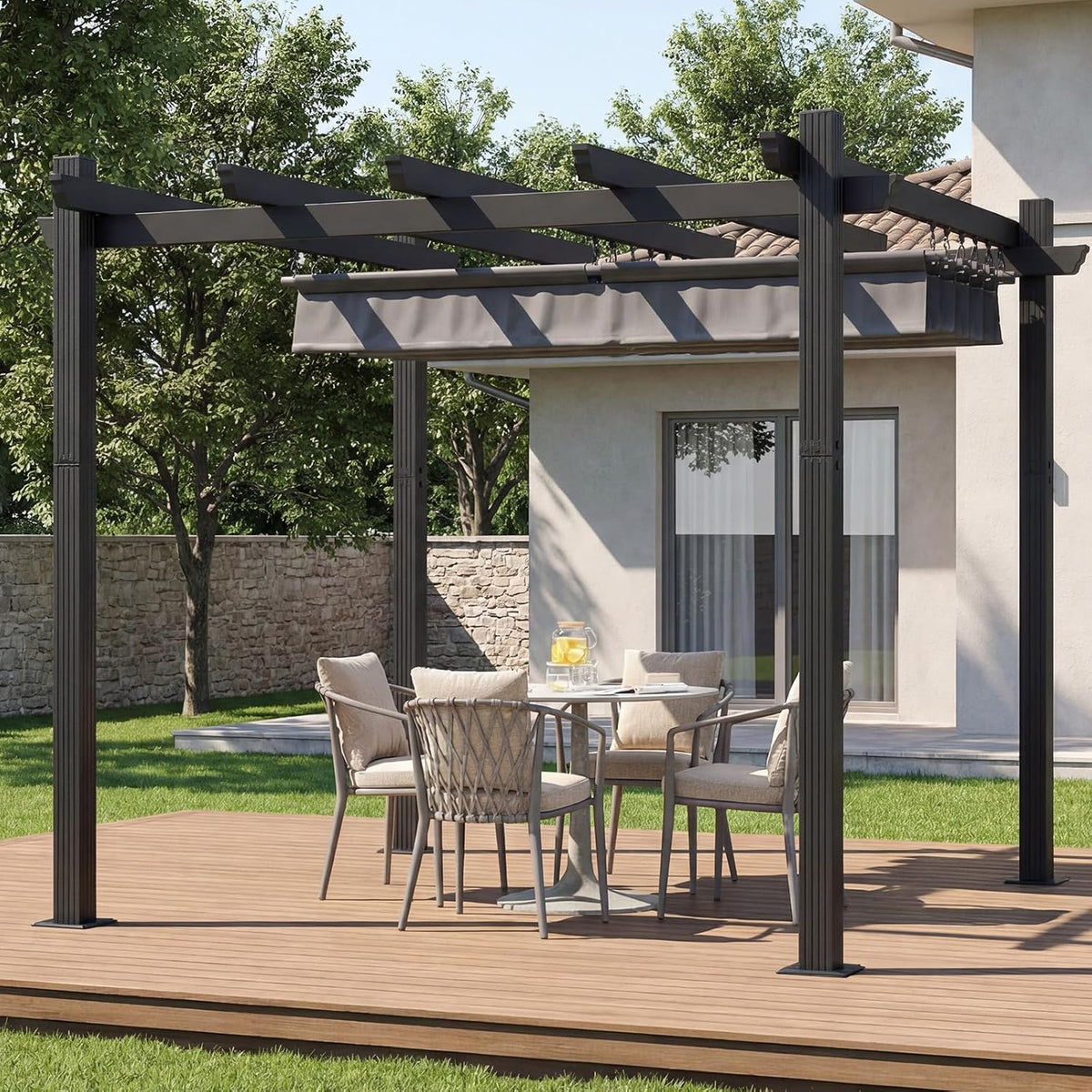 TRIUMPHKEY Pavillon, Grau, Pergola 3x3m wasserdicht stabil Winterfest, Garten Aluminium mit Schiebedach, Sonnenschutz für Garten Terrasse & Balkon