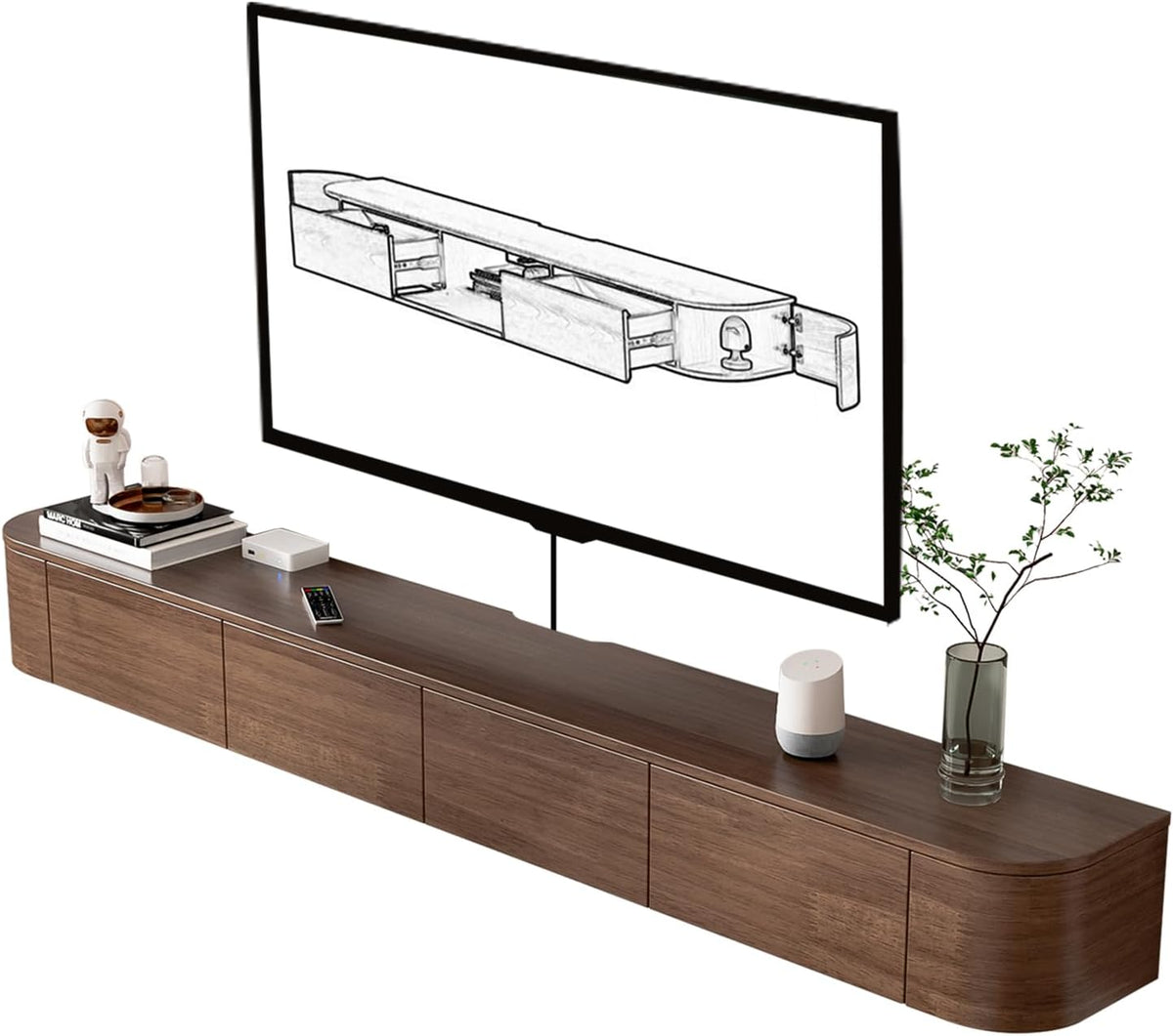 TV-Schrank HYANXUE, 240CM, Braun, Lowboard, Schwebender, montierter TV-Ständer mit Klapptüren und Seitentür