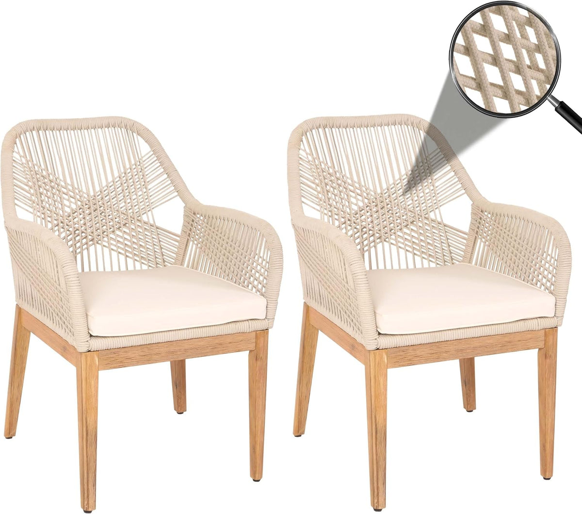 Mendler Esszimmerstuhl, beige/Creme, 2er-Set Gartenstuhl HWC-H56b, Sessel Outdoor, wetterfest Seilgeflecht Rope Holz Akazie - beige Kissen