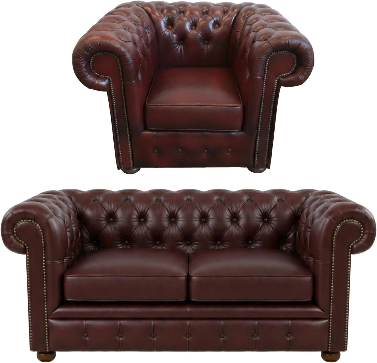 Sofa, 160 cm, 105 cm, Burgund, Generisch Chesterfield CASA Set 2-Sitzer, Sessel, klassisches, - Italienisches Echtleder