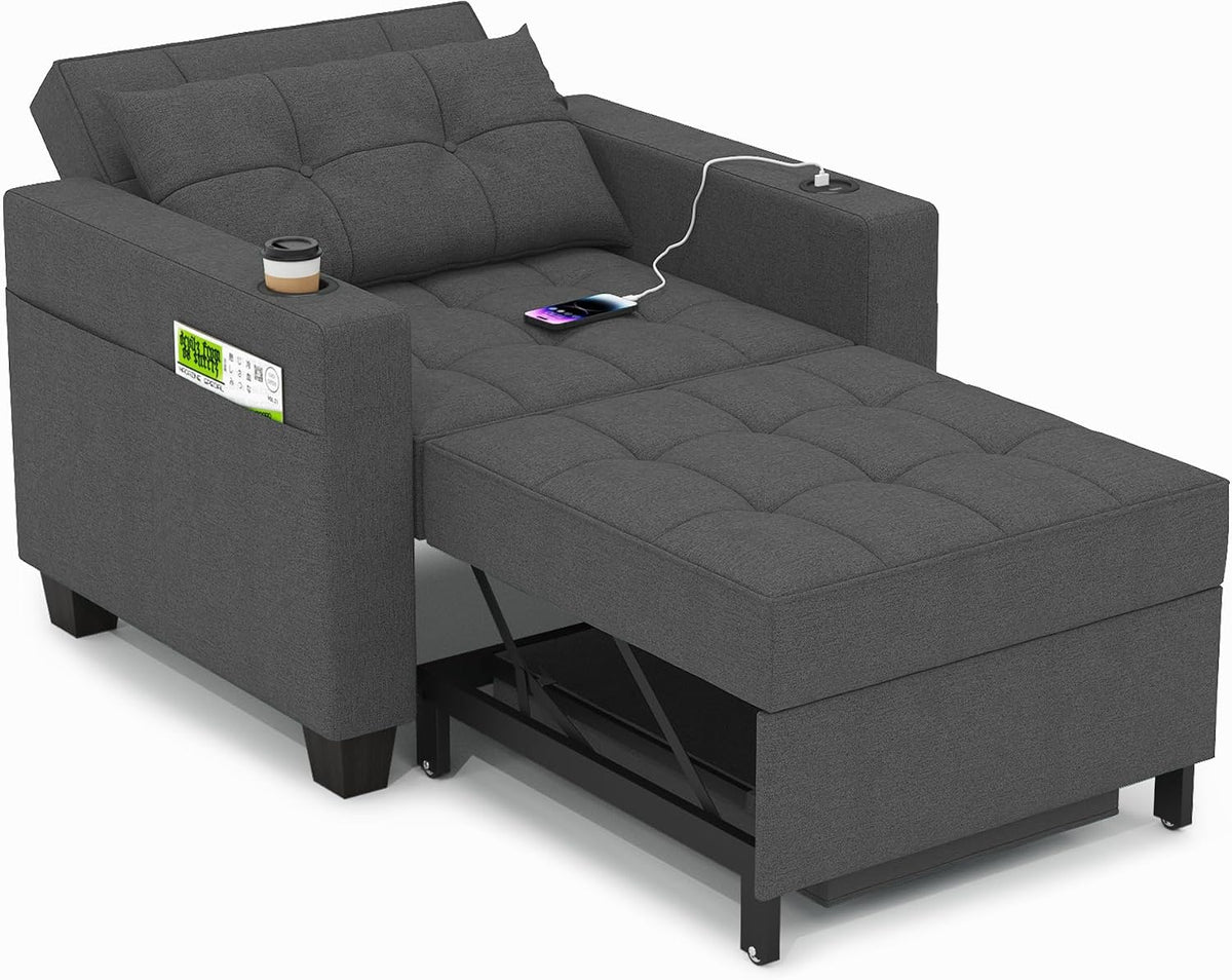 DURASPACE Bett, Dunkelgrau, Schlaferstuhl, 3-in-1 umwandelbarer Stuhl, ausziehbarer Schlafsessel, Schlafsofa mit USB-Anschlüssen