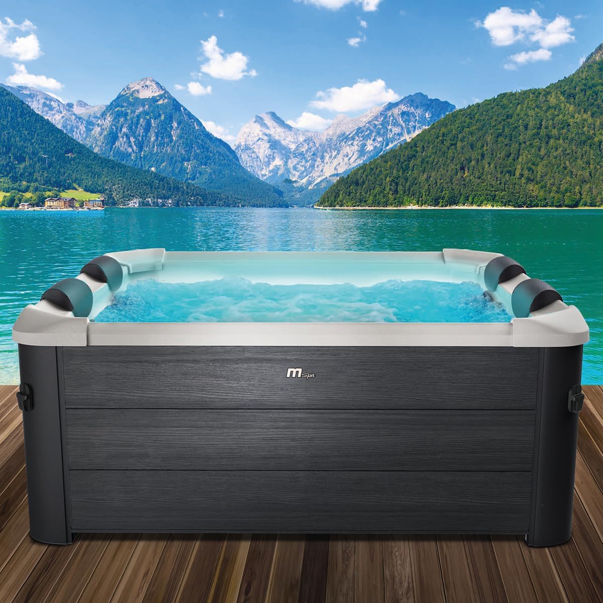 BRAST Aufblasbare Pools, 180x180x65 cm, Schwarz/Weiß, Whirlpool MSpa Oslo Aero Plus XXL mit Fester Außenwand, 140 Massagedüsen