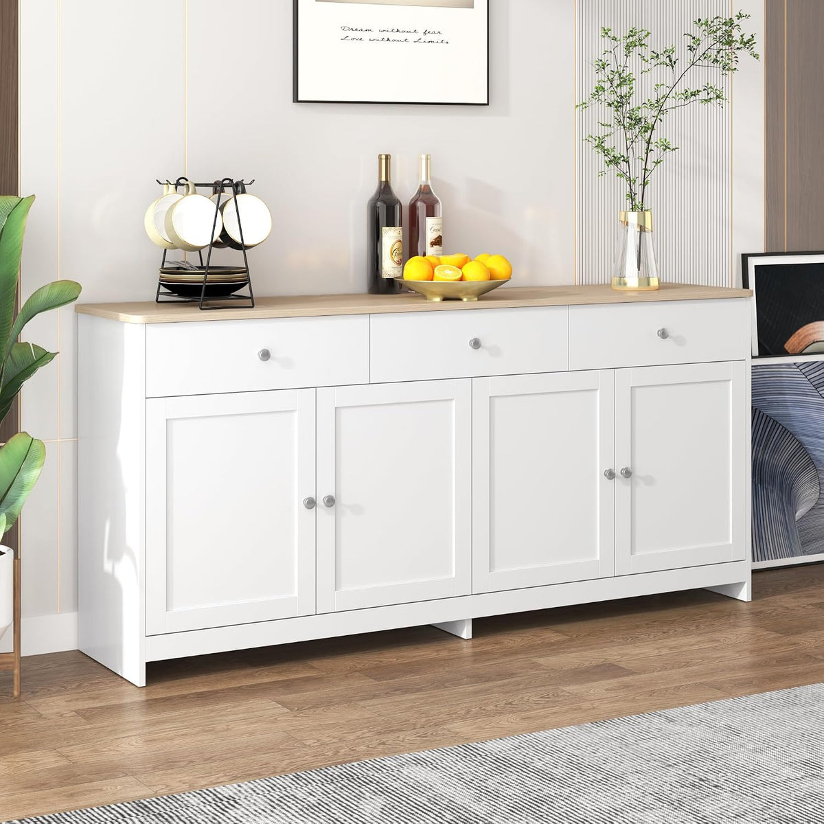 Ymkua Sideboard, 160x37x75 cm, Weiß/Holz, Buffetschrank, Kommode für Wohnzimmer und Esszimmer, Aufbewahrungsschrank mit 4 Türen und 3 Schubladen